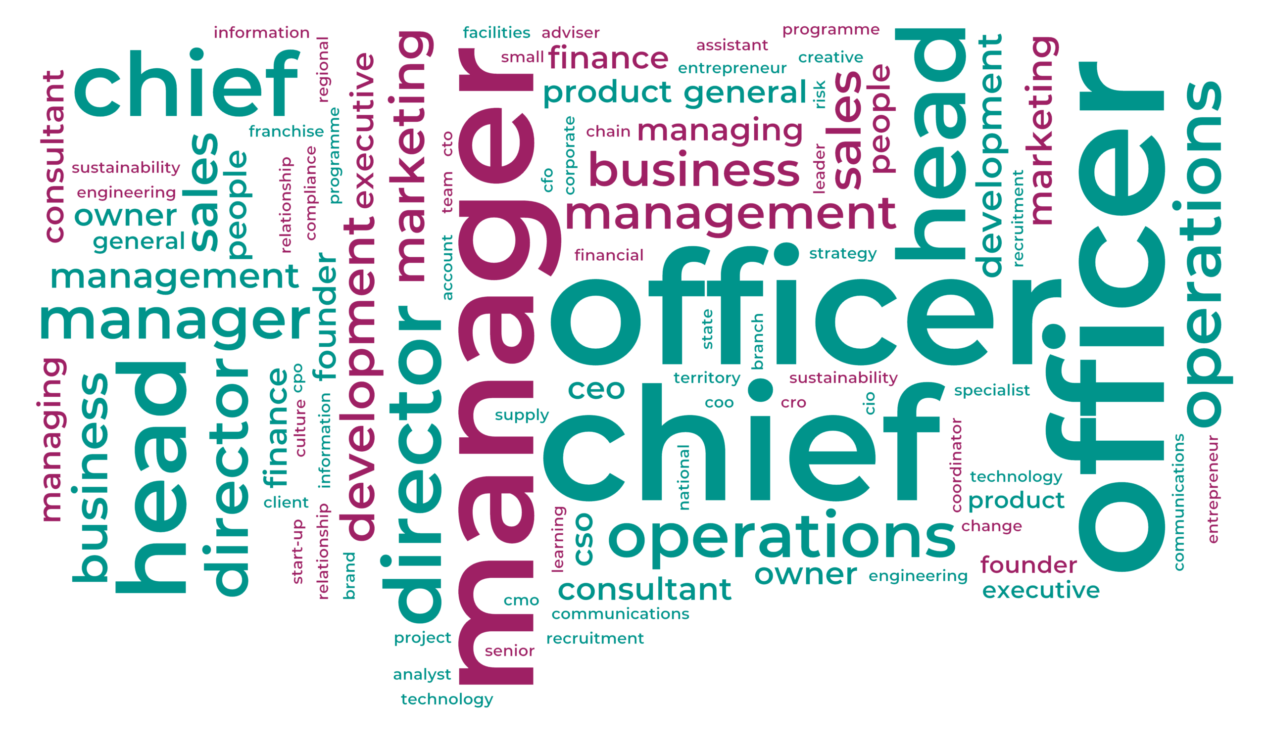Leadership roles word cloud Word cloud showing corporate leadership roles affected by Imposter Syndrome